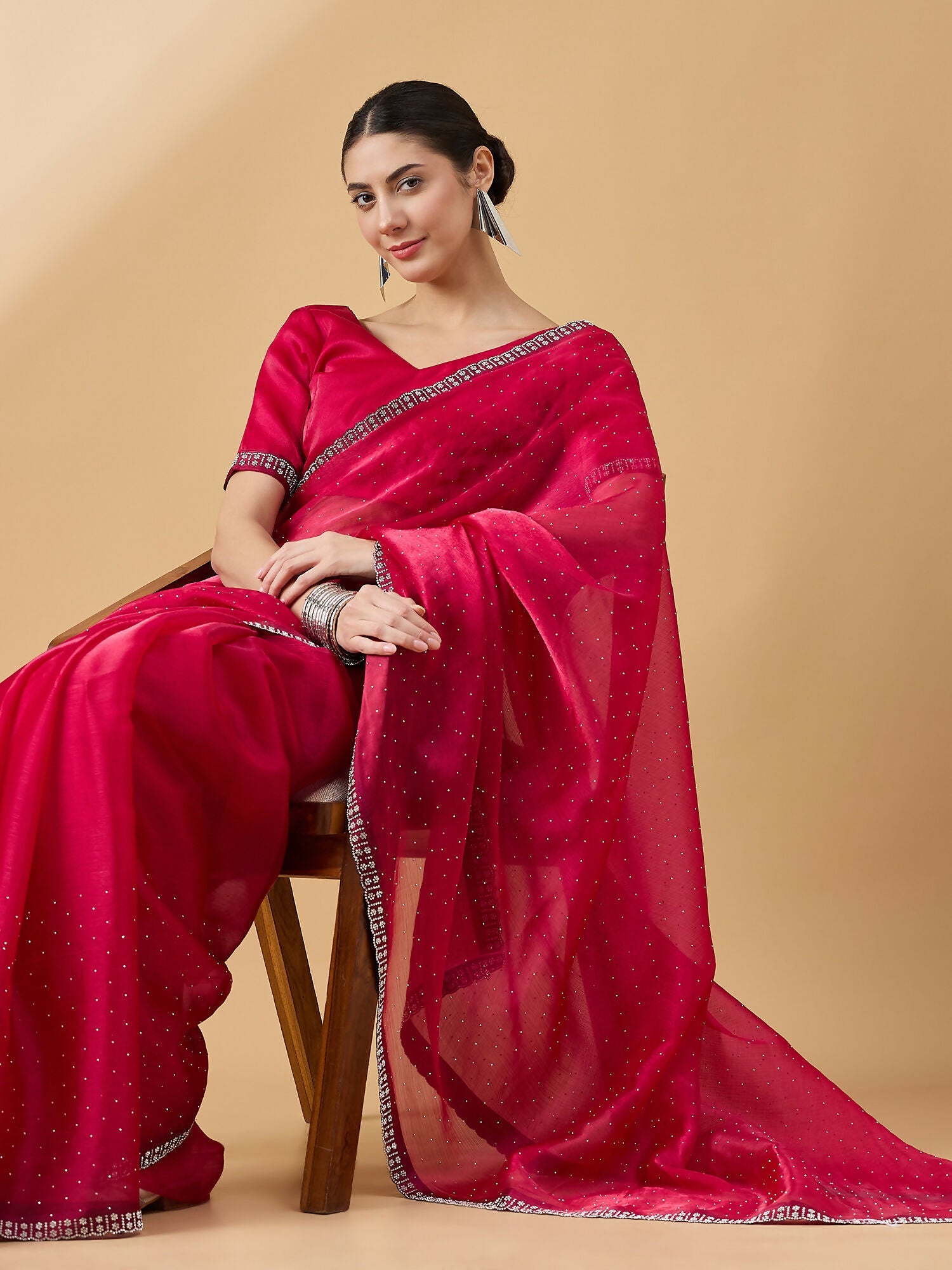 Pink Organza Swaroski Diamond Work Saree with Unstitched Blouse - Radha