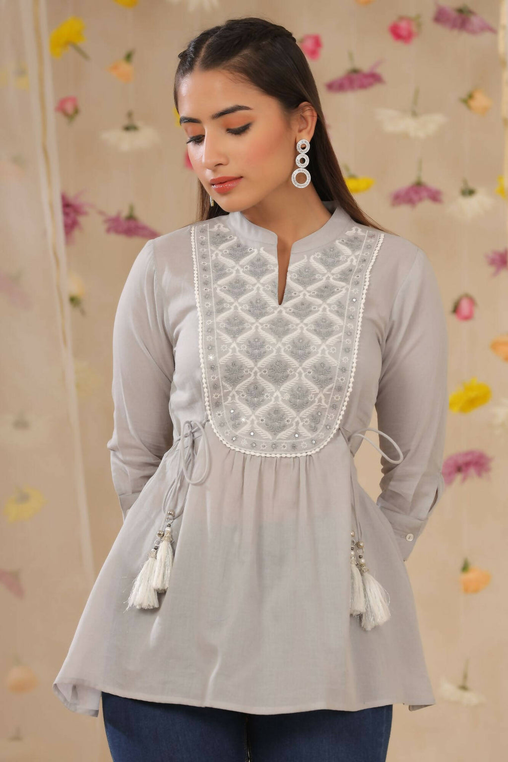 Juniper Women Grey Cotton Moss Embroidered A-Line Tunic