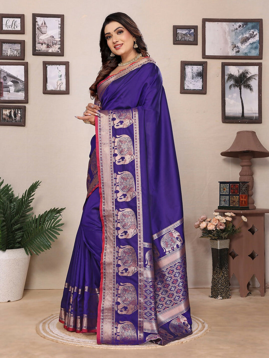 Joban Fashion Royal Blue Solid Banarasi Silk Sarees
