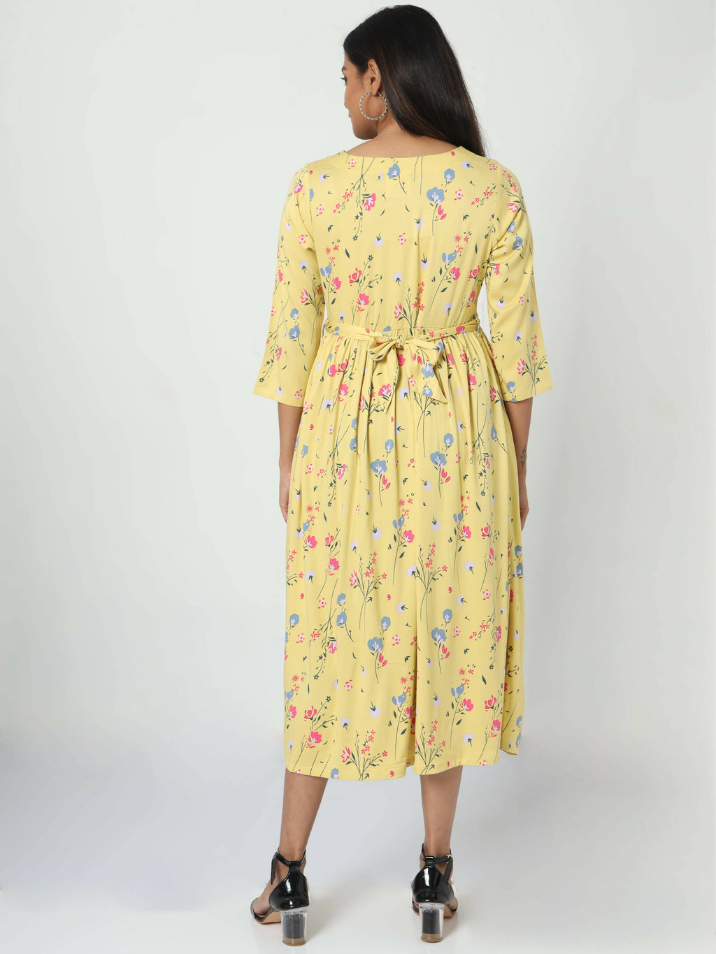 Manet Three Fourth Maternity Dress Floral Print With Concealed Zipper Nursing Access - Yellow