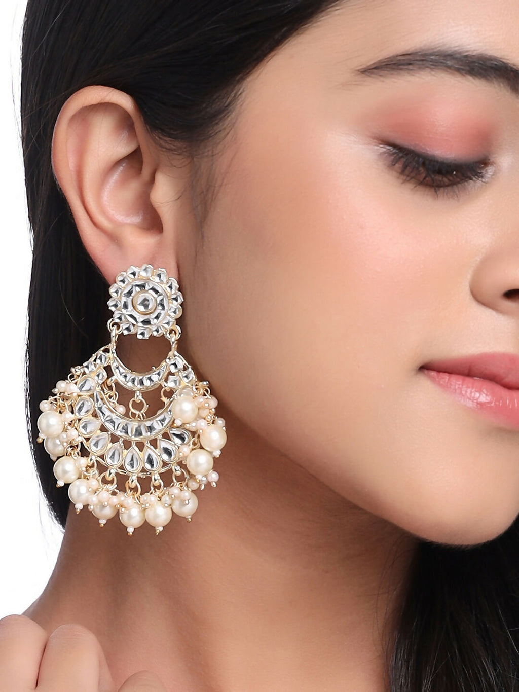 NVR Women Gold-Polished Studded Kundan Chandbali Earrings