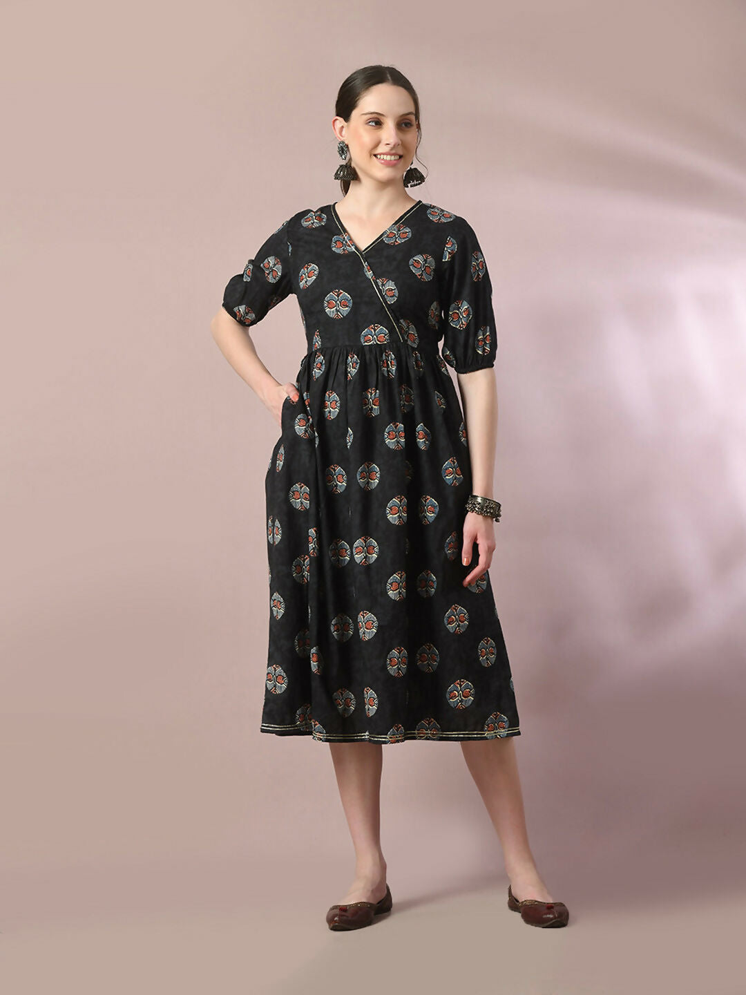 Myshka Women's Black Printed Cotton V-Neck Empire Party Dress