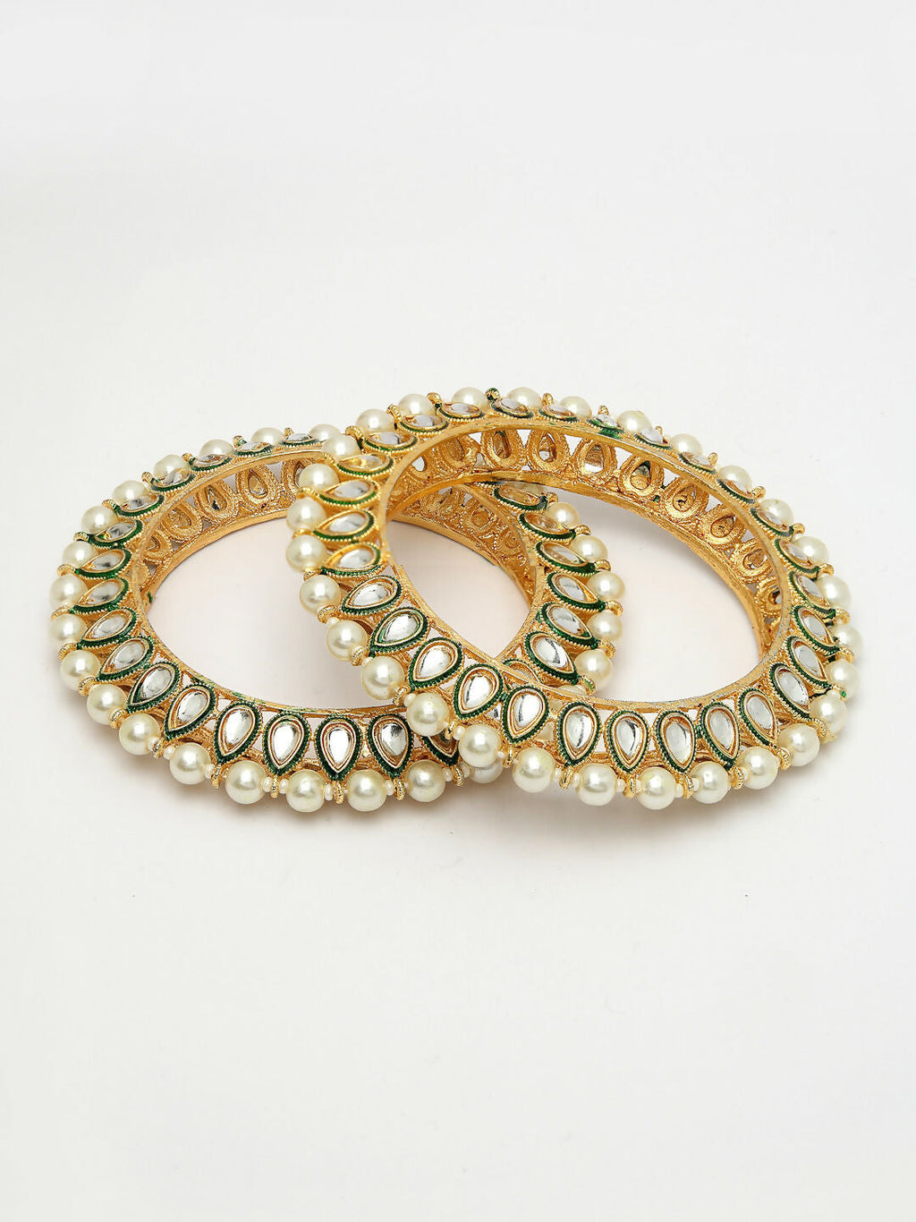 NVR Women's Set Of 2 Gold-Polished Kundan-Studded & Pearls-Beaded Bangles