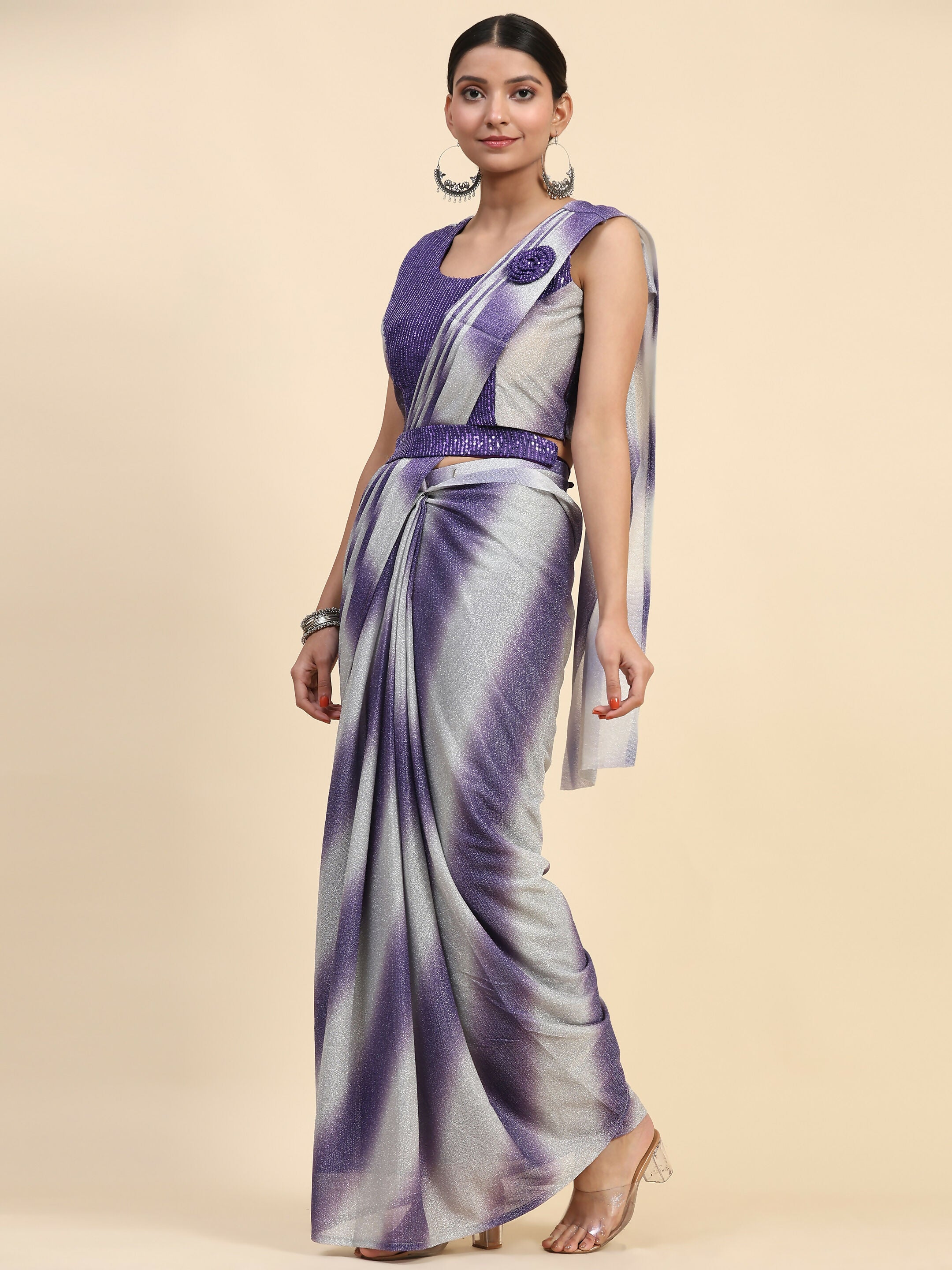Purple Polyester Solid Ready to Wear Saree with stitched Blouse - Aayan