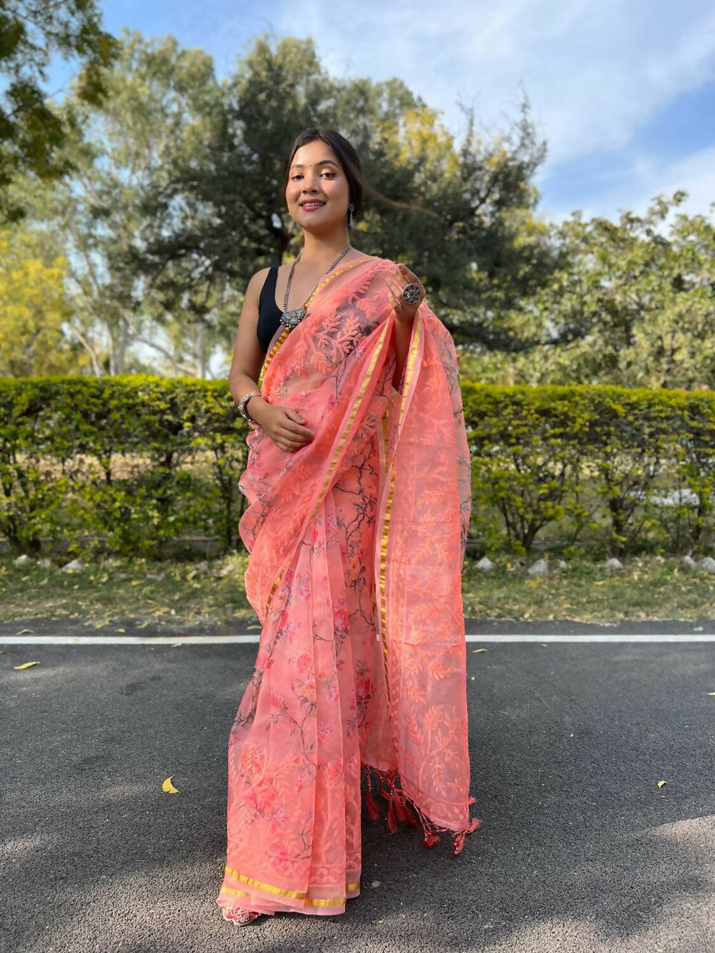 Vamsee Peach Organza Saree