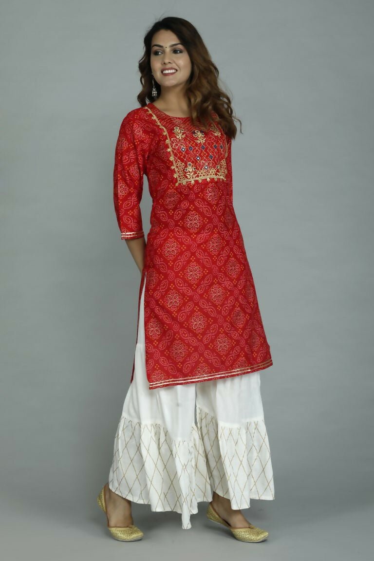 Alvano Printed Stylish A-line Kurti with Sharara set for Women and Girls Rayon (Orange)