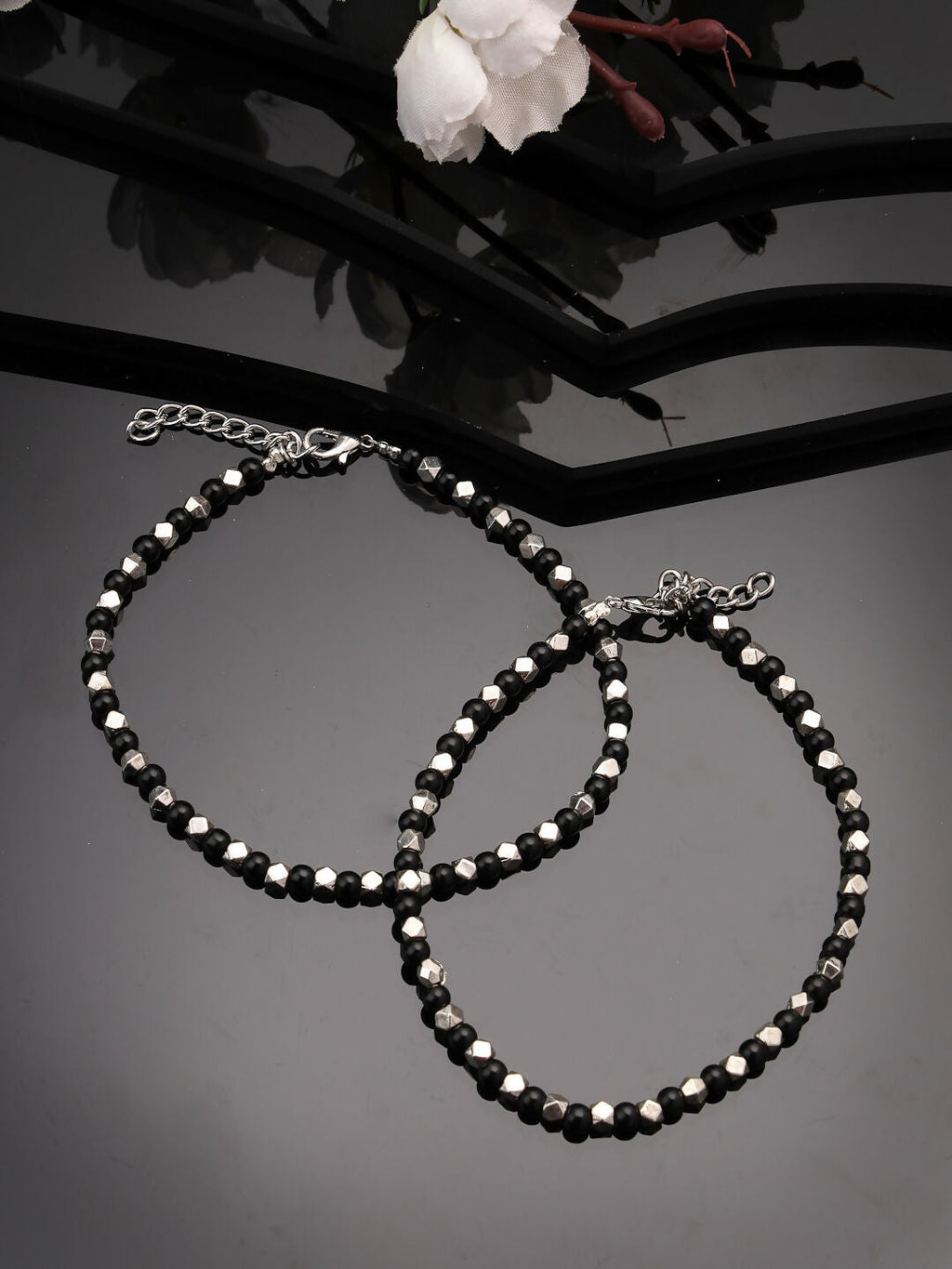 NVR Women's Evil Eye Black & Silver Anklets