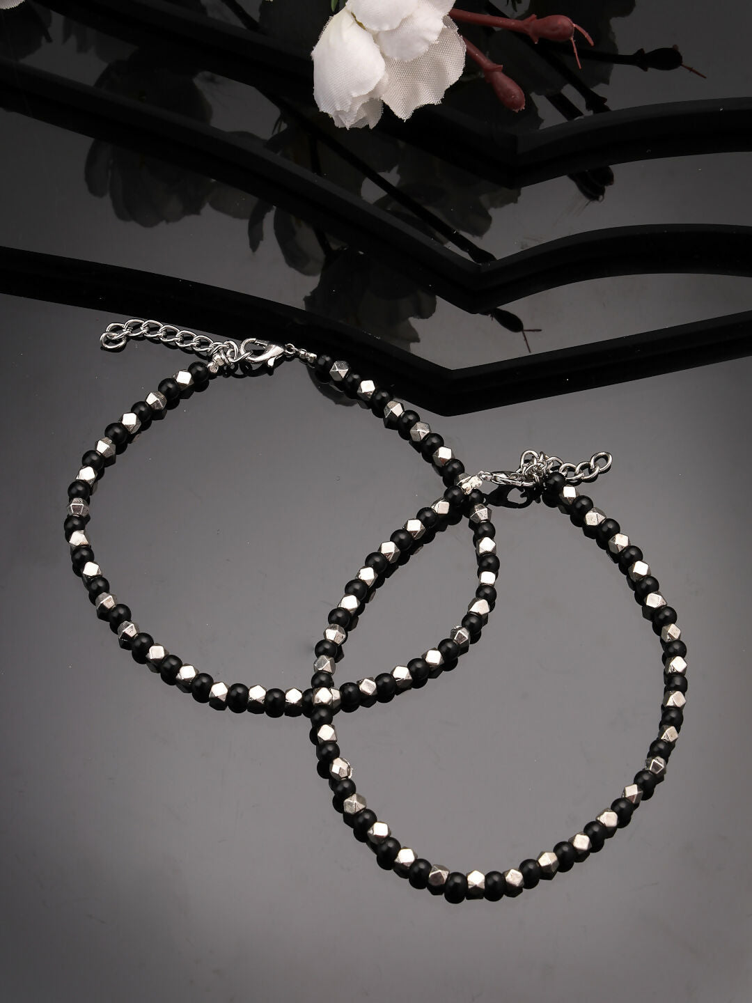 NVR Women's Evil Eye Black & Silver Anklets