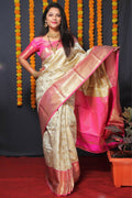 Jyoti Fashion Women's Off White Kanjivaram Silk Zari Woven Saree with Blouse