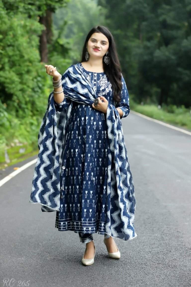 Alvano Anarkali Kurti with Pant and Dupatta set for Women and Girls Printed Cotton (Blue)