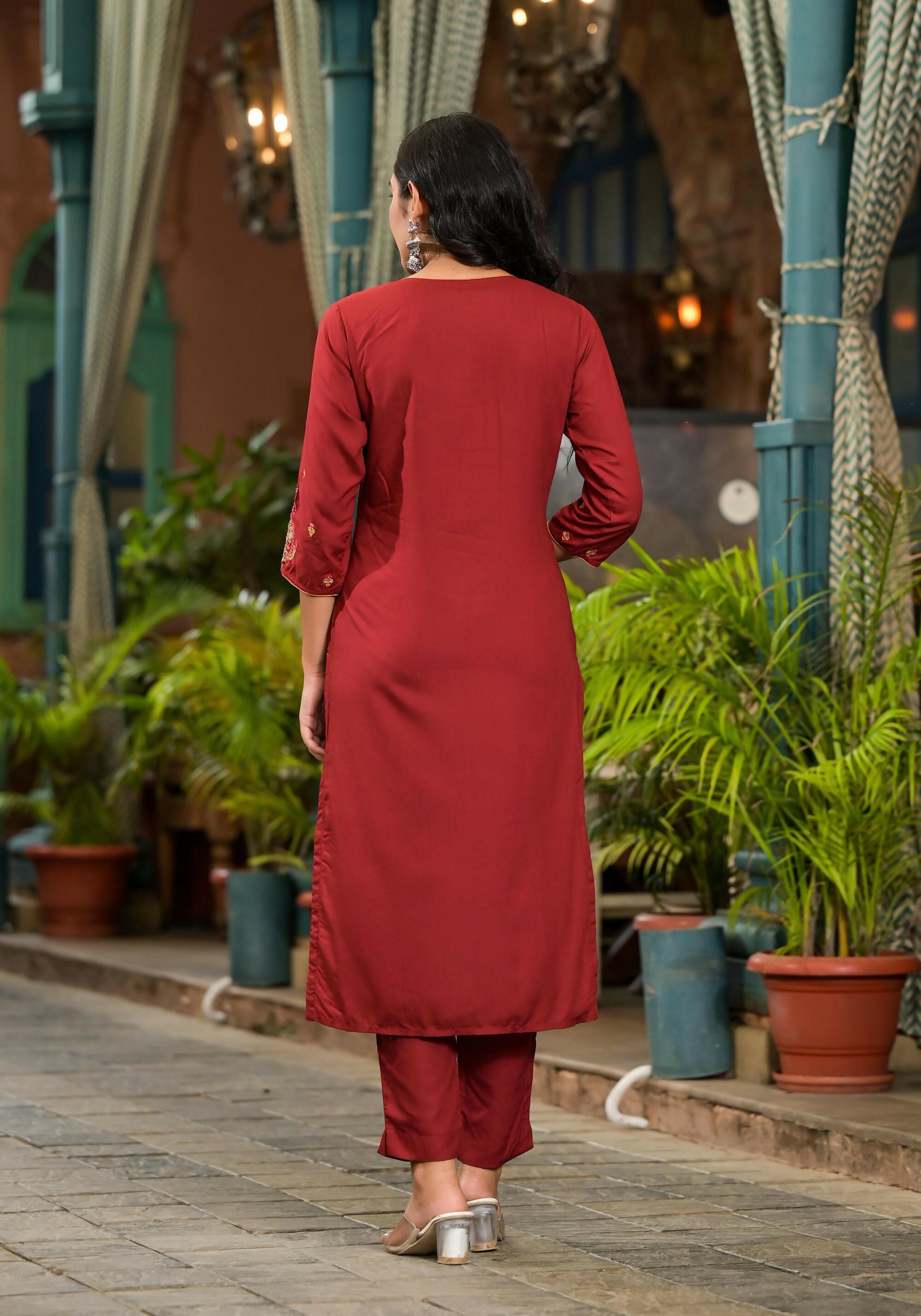 Juniper Women's Brown Thread Embroidered Liva Rayon Kurta Pant And Dupatta Set With Sequins