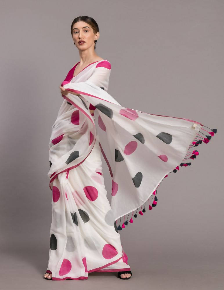 Suta White Pink Polka Dot Printed Pure Cotton Saree