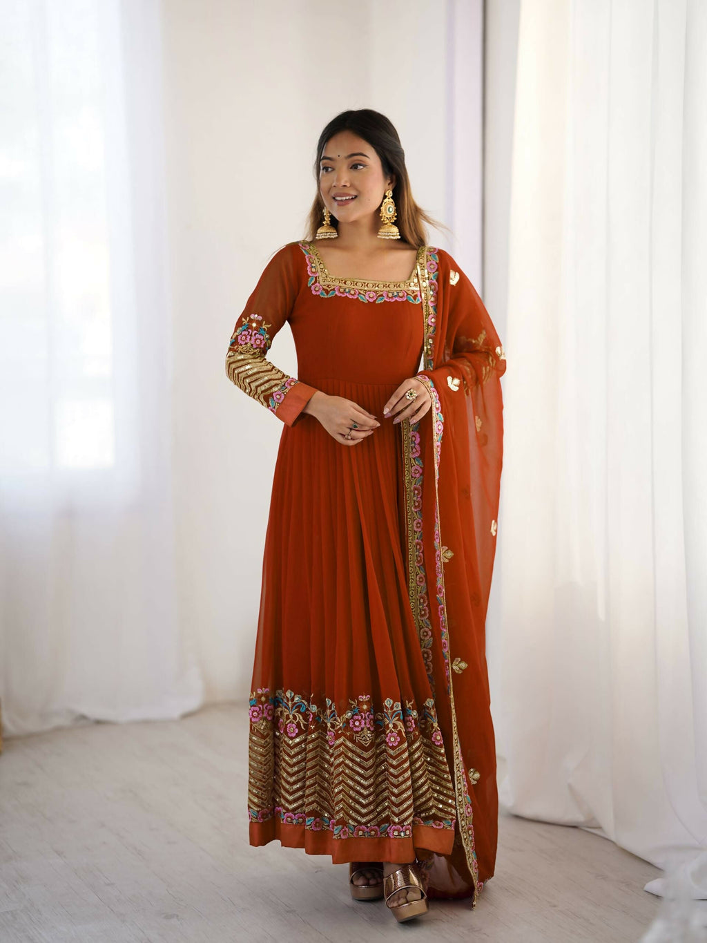 Prazu Fashion Orange Georgette Embroidered Sequence Anarkali Suit