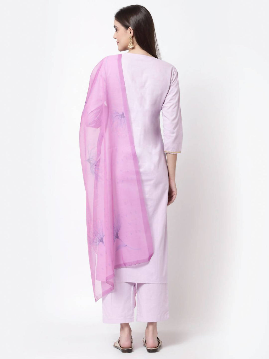 Myshka Light Purple Cotton Solid 3/4 Sleeve Round Neck Casual Kurta Pant Dupatta Set