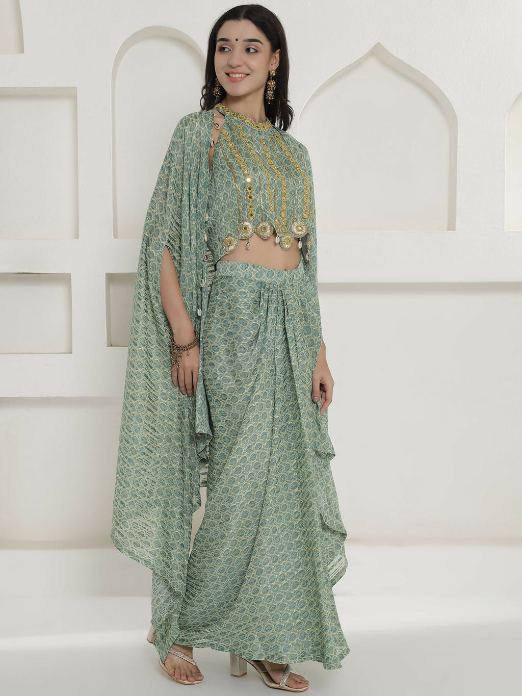 Joban Fashion Green Georgette Cape Inner And Shirt Set