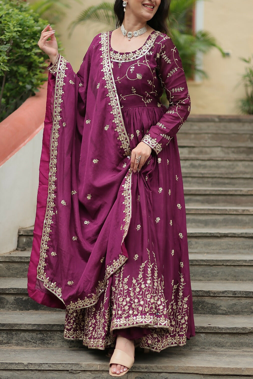 Joban Fashion Wine chinon Sequence Embroidery Work Kurta Set