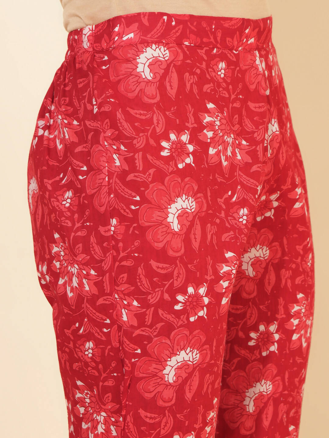 Janasya Women's Red Cotton Floral Printed Casual Flared Co-ords