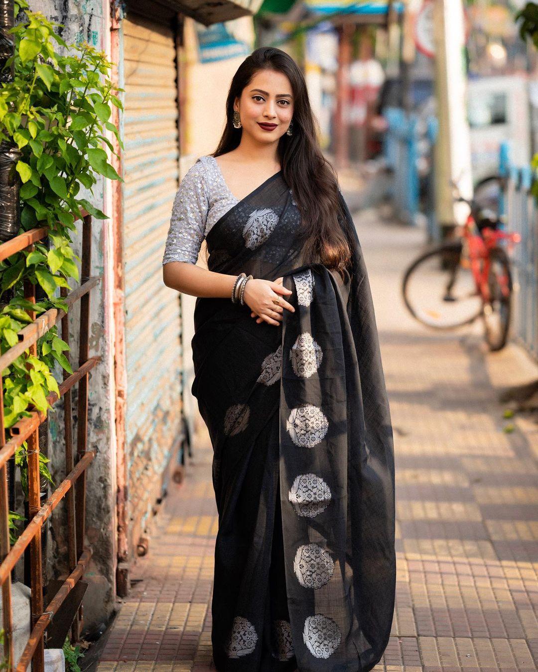 Black Pure Linen Woven Design Saree with Unstitched Blouse - Hiral Fashion
