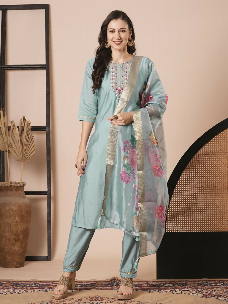 Sky Blue Viscose Chanderi Embroidery Work Kurta Set - Riya