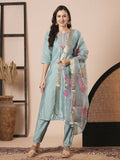 Sky Blue Viscose Chanderi Embroidery Work Kurta Set - Riya