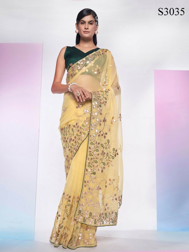 Cream Simmar Heavy Gotta Embroidery Work Saree with Unstitched Blouse - Vandini