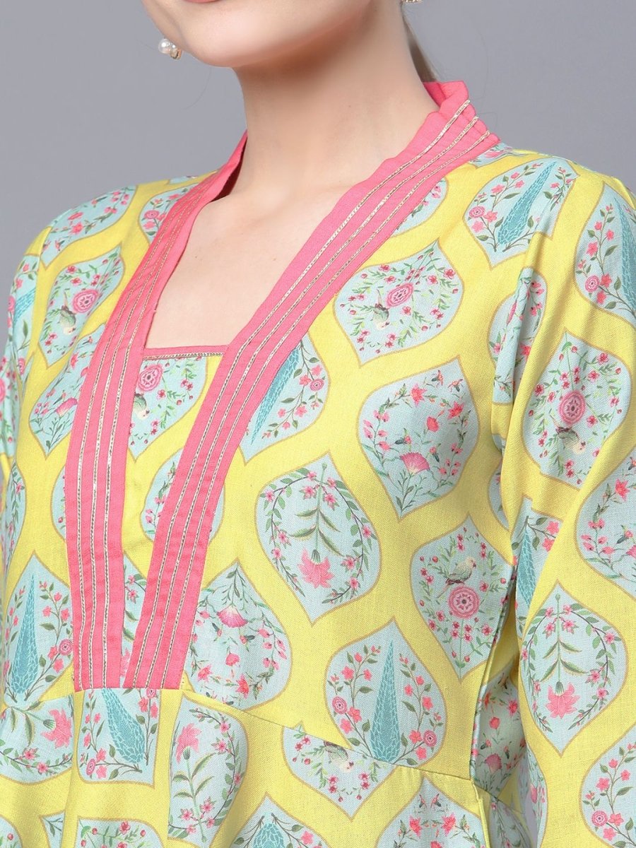 Ahalyaa Women Cotton Blend Lemon Yellow Digital Printed Tunic
