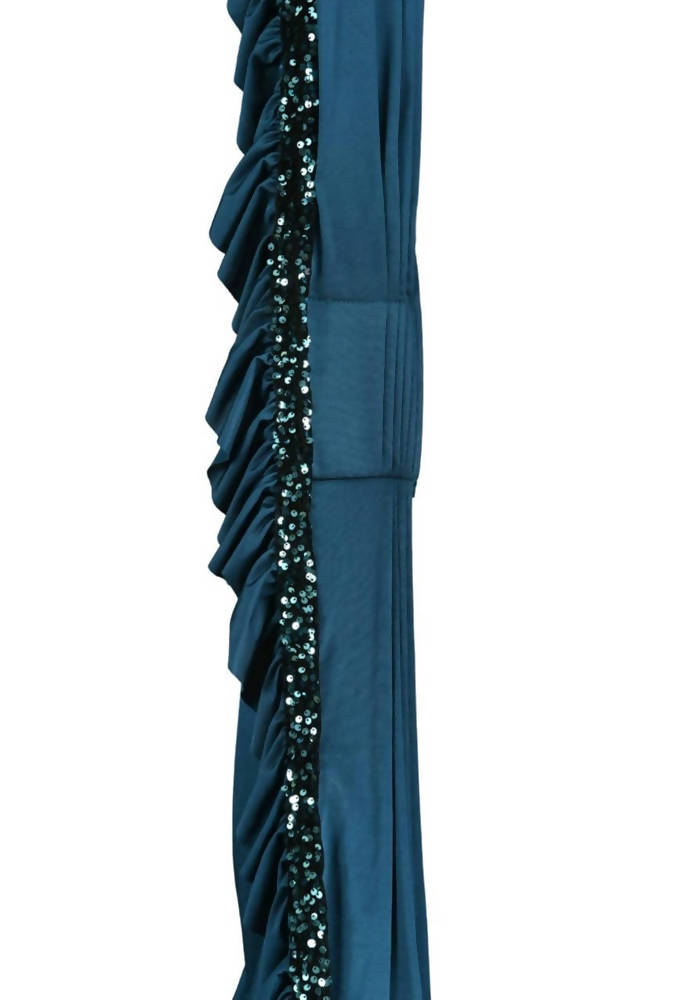 Mominos Fashion All Season Wear Peacock Blue And Black Ruffled Ready To Wear Saree
