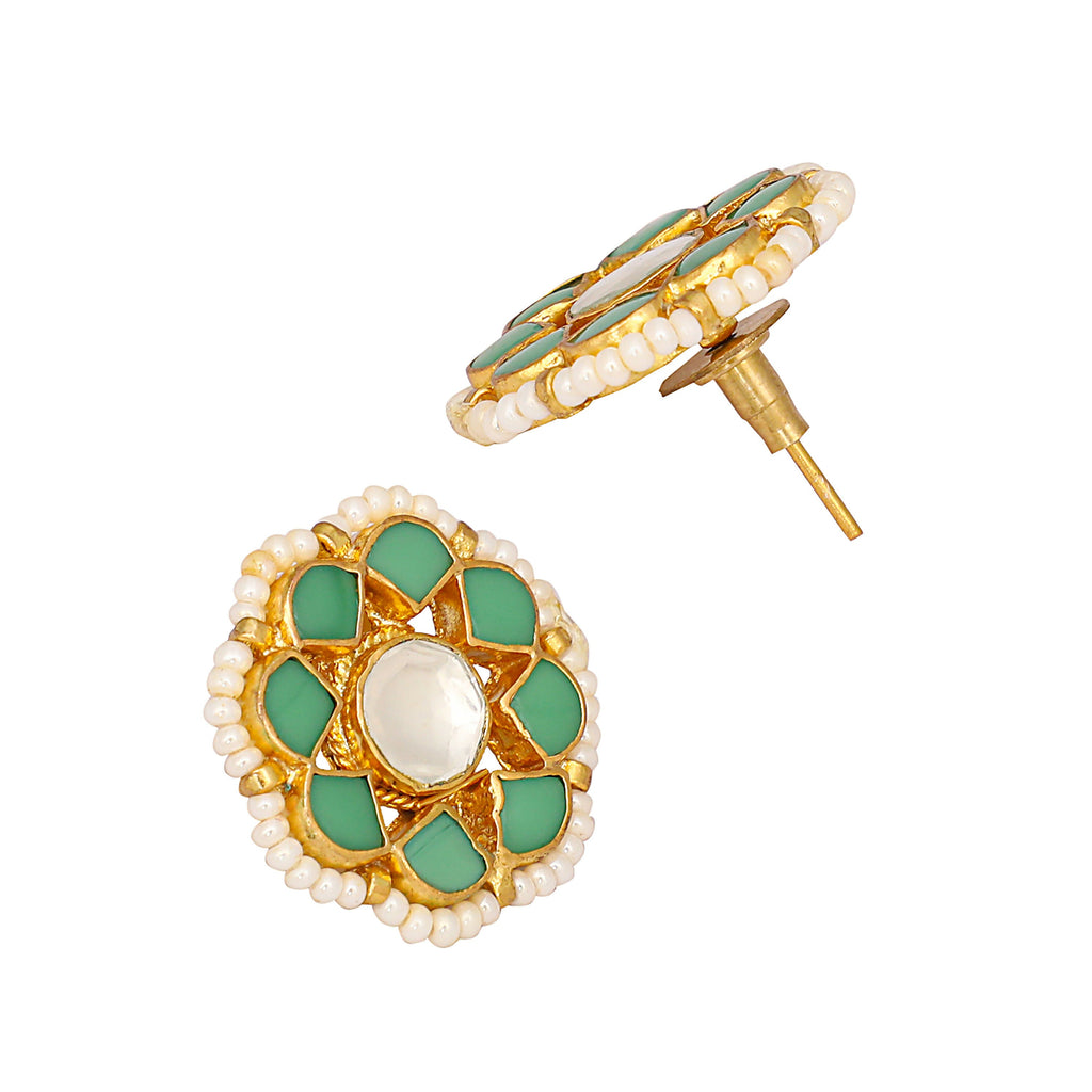 Nuyug 22K Gold-Plated Green Kundan Studded & Pearls Beaded Floral Shaped Studs