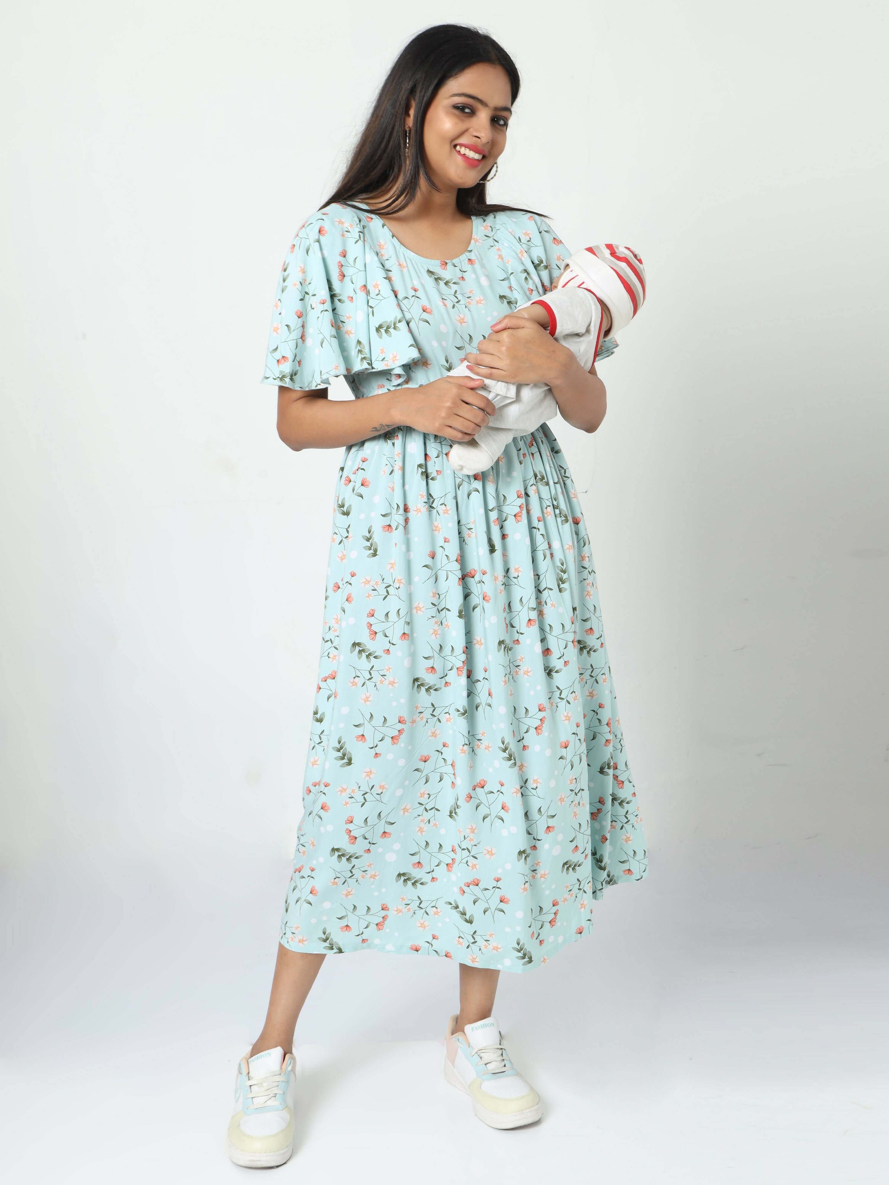 Manet Frill With Sleeve Maternity Dress Floral Print With Concealed Zipper Nursing Access - Green