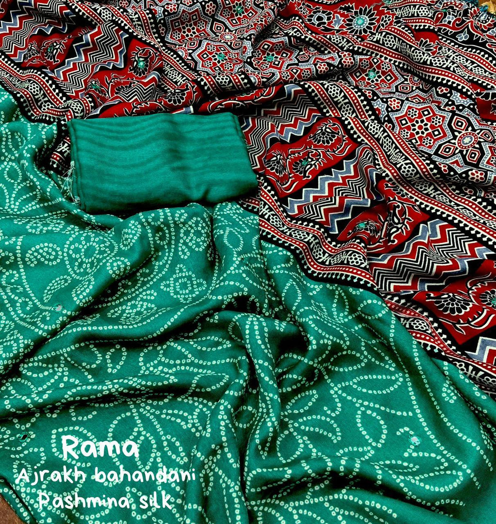 Green Silk Blend Ajrak Saree with Unstitched Blouse - A2M