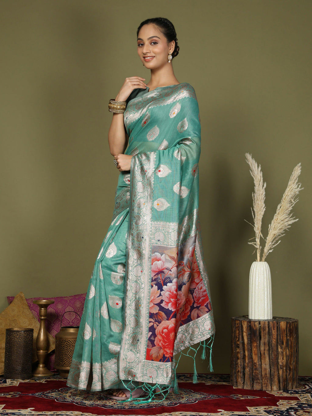 Shree Shyam Fashion Linen Cotton Rama Green Saree