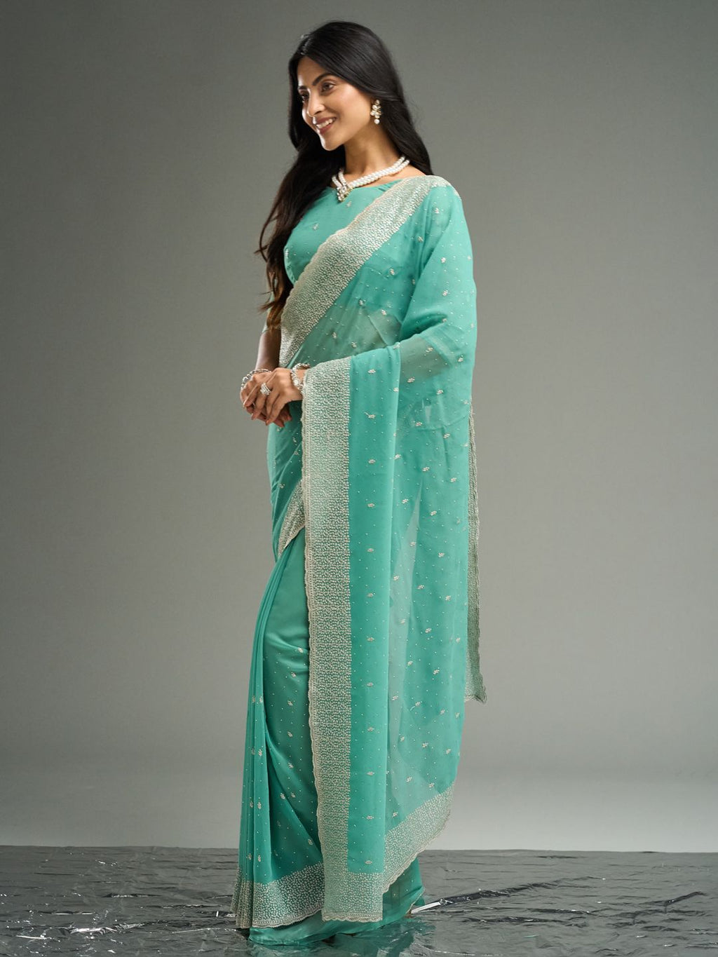 kasee Floral Embroidered Beads and Stones Pure Georgette Saree