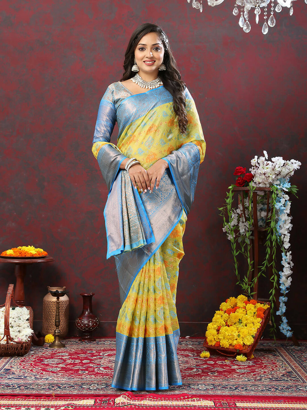 Lorenvalley Fashion Yellow Cotton Woven Design Zari Meenakari Weaving Saree