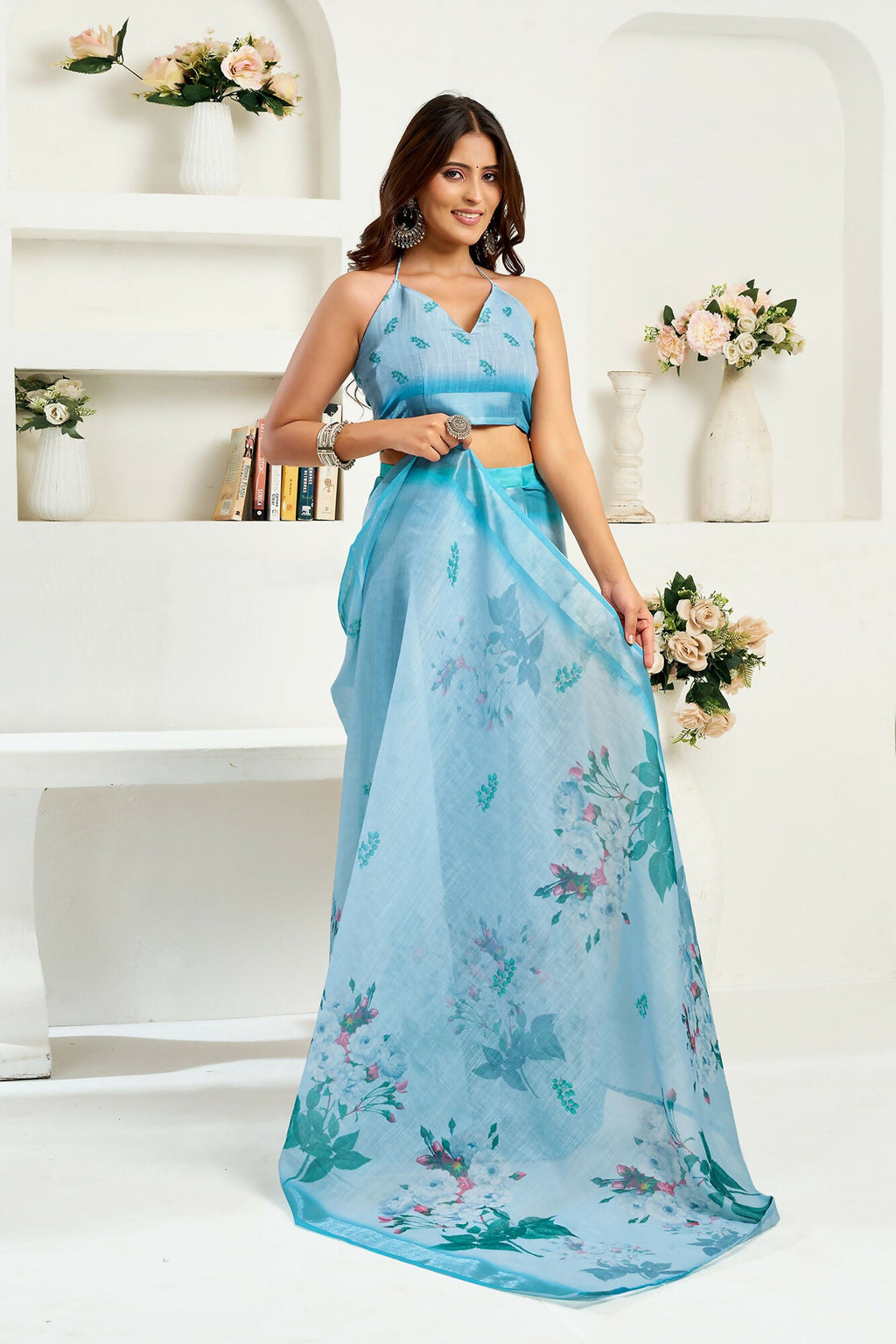 Vastranavya Sea Blue Digital Printed Linen Ready To Wear Designer Saree with Unstitched Blouse