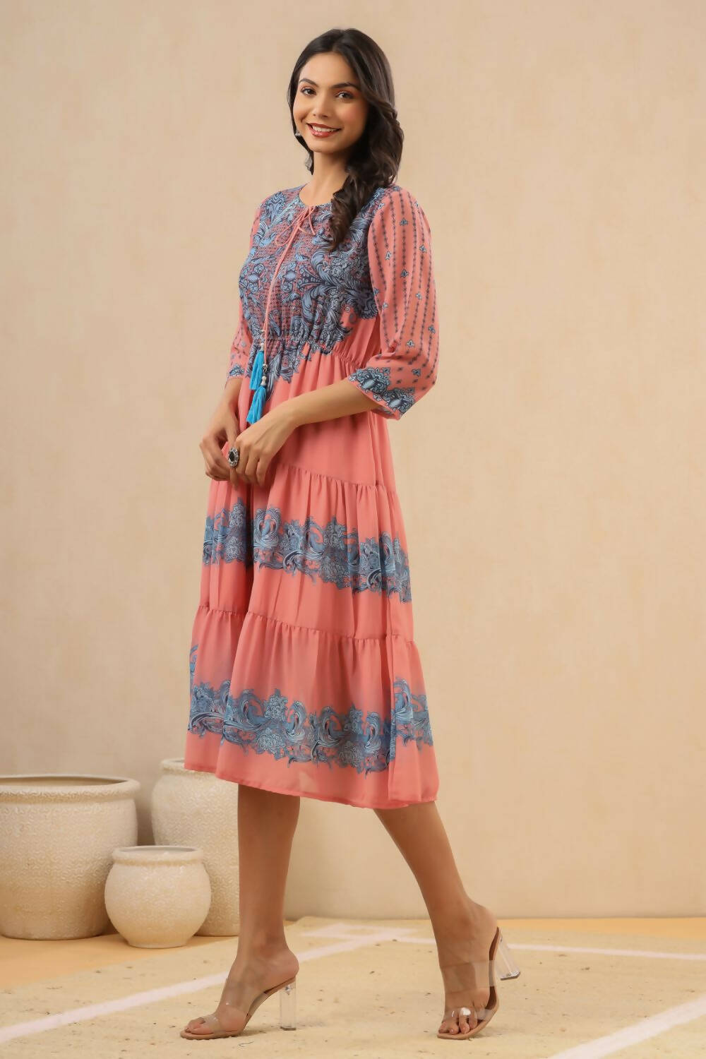 Juniper Womens Pink Georgette Printed Tiered Midi Dress