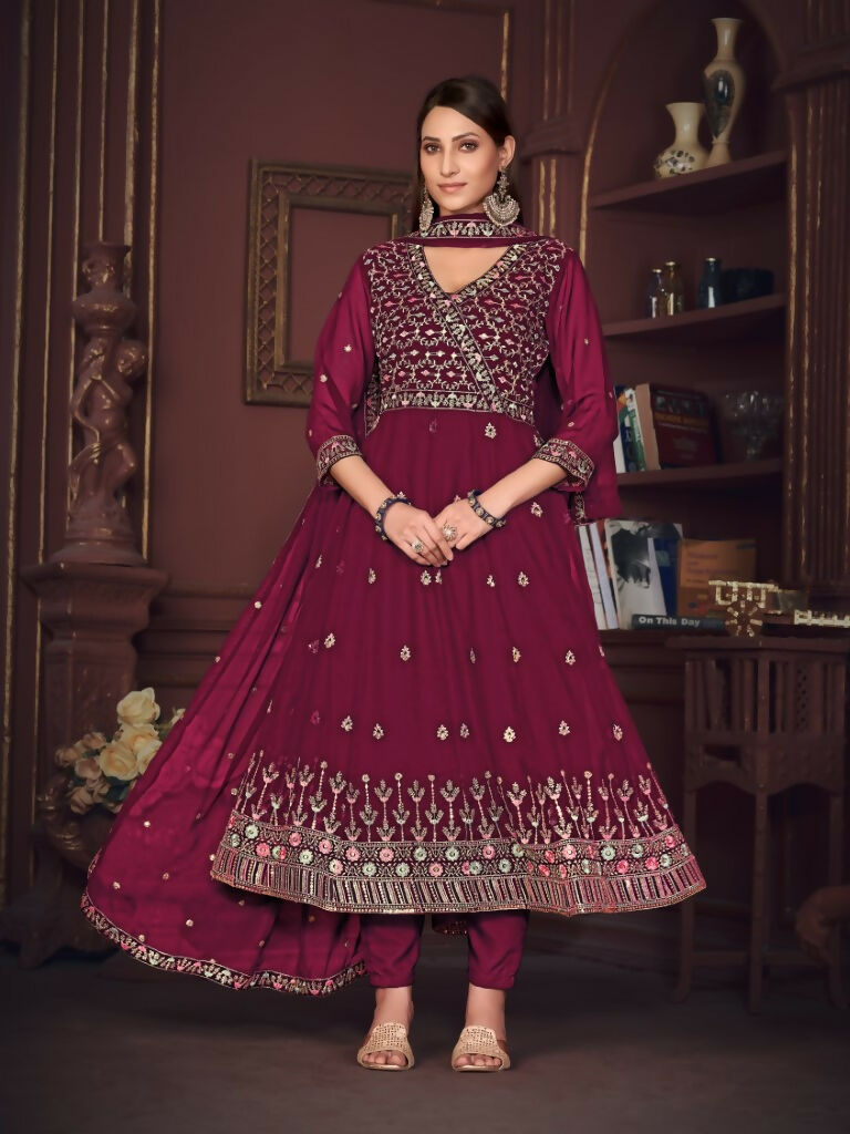 Jyoti Fashion Women's Rani Pink Georgette Embroidered Anarkali Kurta Pant Set With Dupatta
