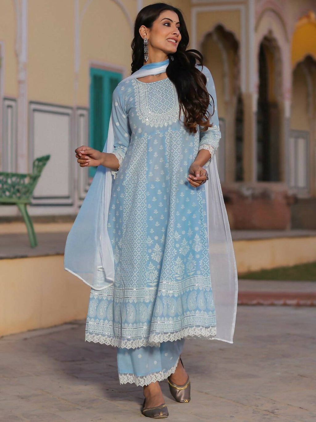 Juniper Women's Powerblue Cambric Floral Printed Anarkali Kurta Sets