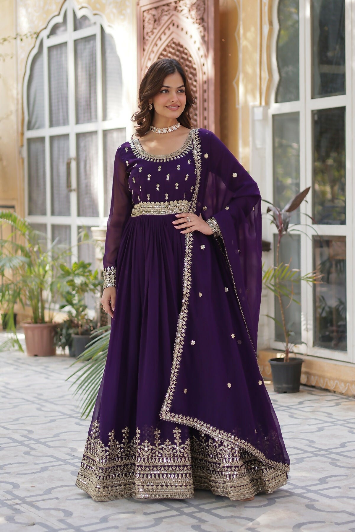 Joban Fashion Purple Georgette Sequence Embroidery Work Kurta Set
