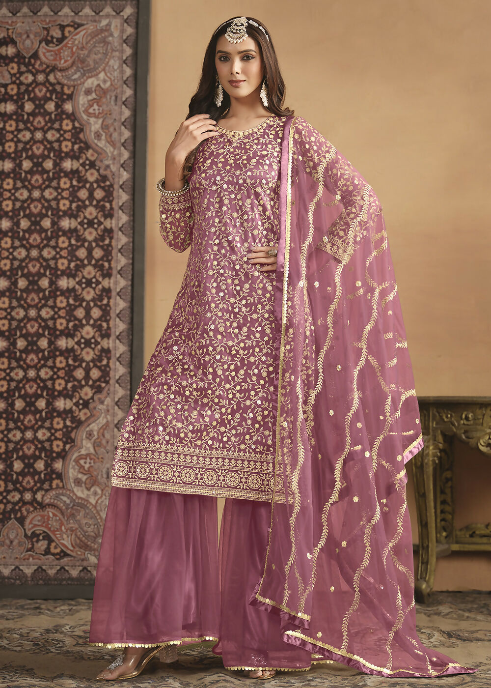 Net Onion Pink Embroidered Festive Gharara Style Suit - Emponline