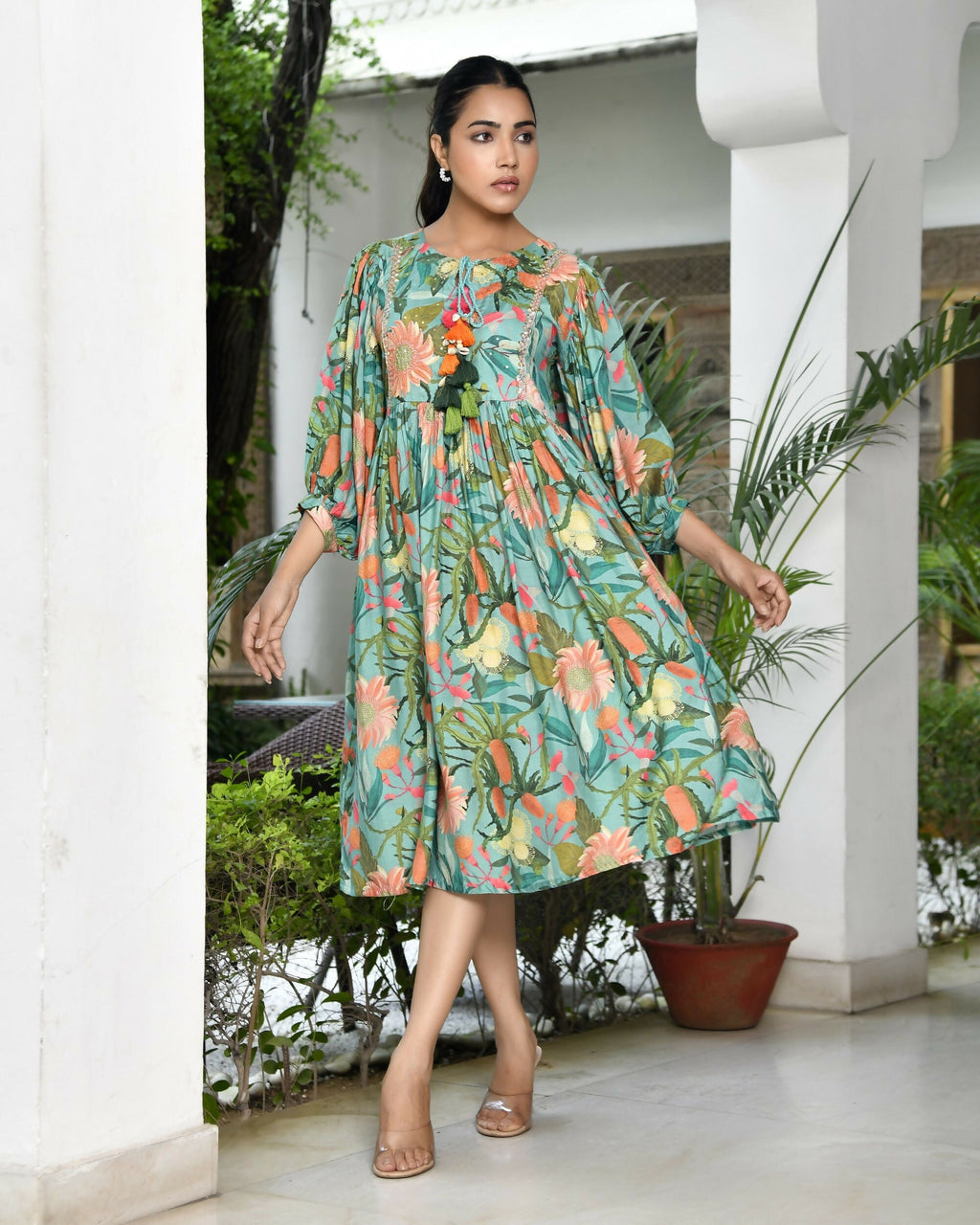 Vaasva Women's Teal Musline Viscose Digital Printed Dress