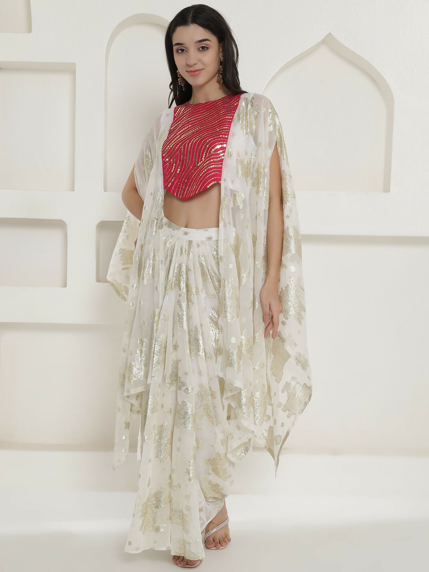 Joban Fashion White & Pink Kaftaan With Skirt