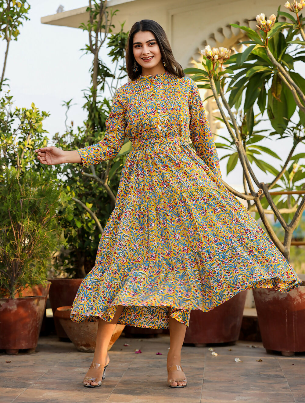 Kaajh Women's Yellow Floral Handblock Print Cotton Dress