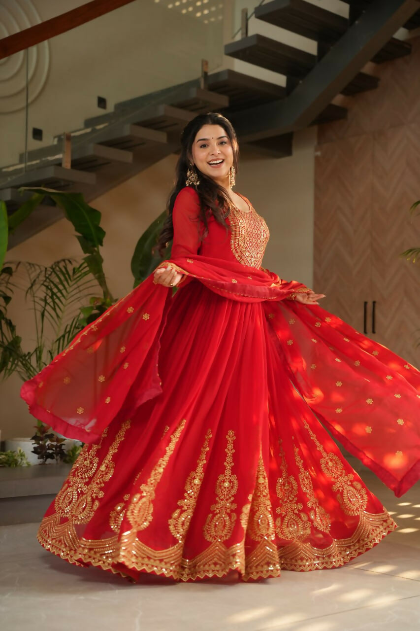 Vastranavya Red Faux Blooming with Embroidery Zari Sequins Work Gown