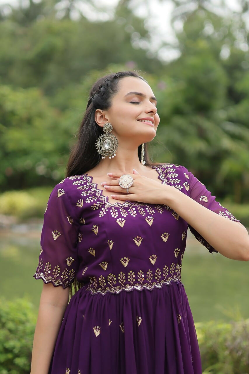 Vastranavya Premium Designer Faux Blooming with Embroidery Zari Sequins work Gown - Purple