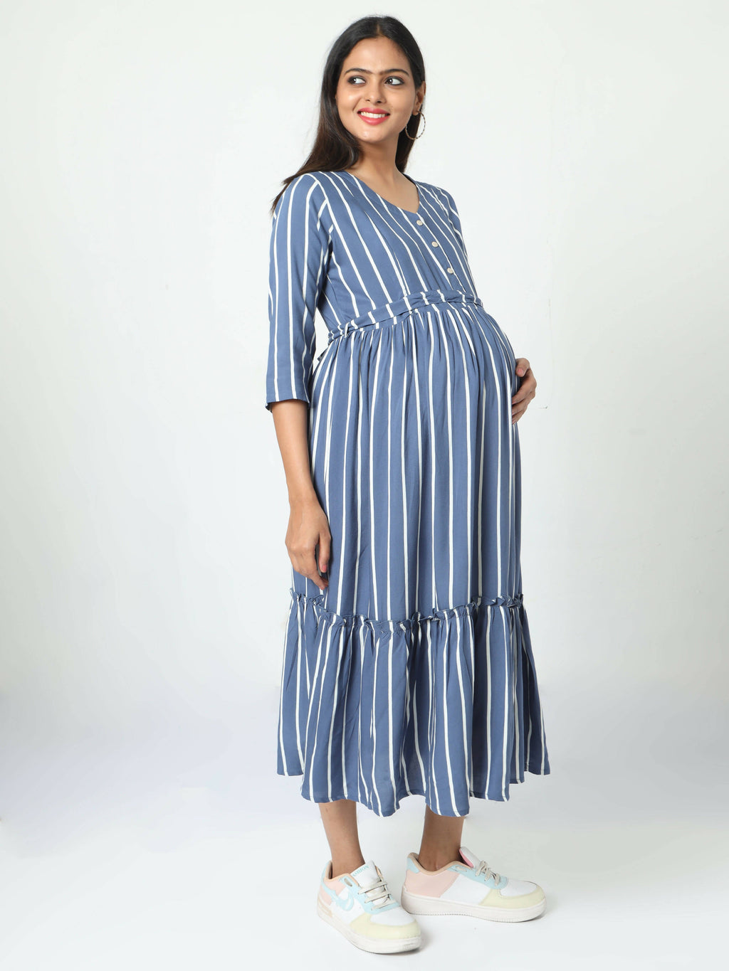 Manet Three Fourth Maternity Dress Striped With Concealed Zipper Nursing Access - Blue
