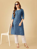 Jyoti Fashion Women's Denim Blue Cotton Blend Embroidered Kurta Pant Set