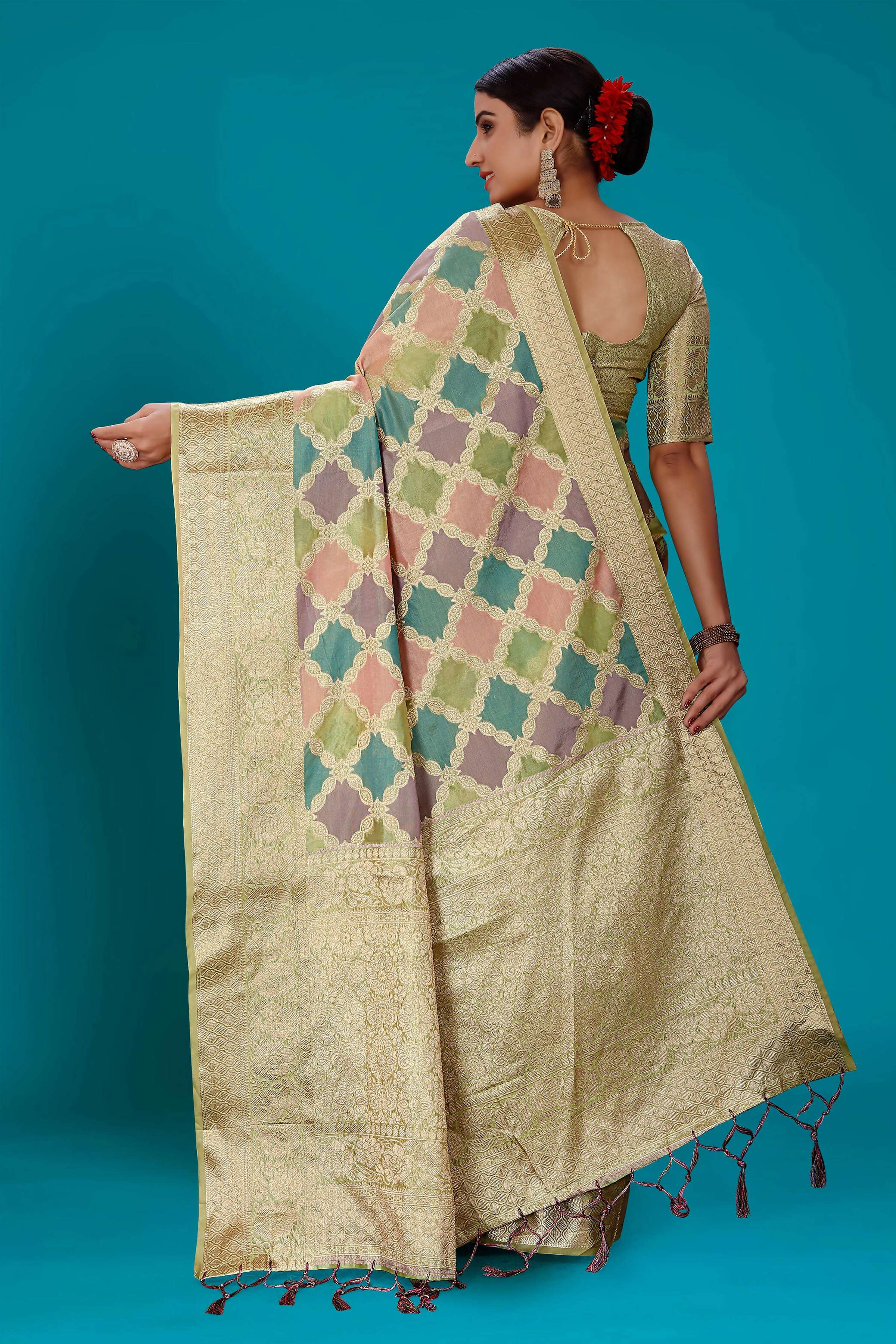 Green Soft Organza Woven Design Saree with Unstitched Blouse Piece - Zaara