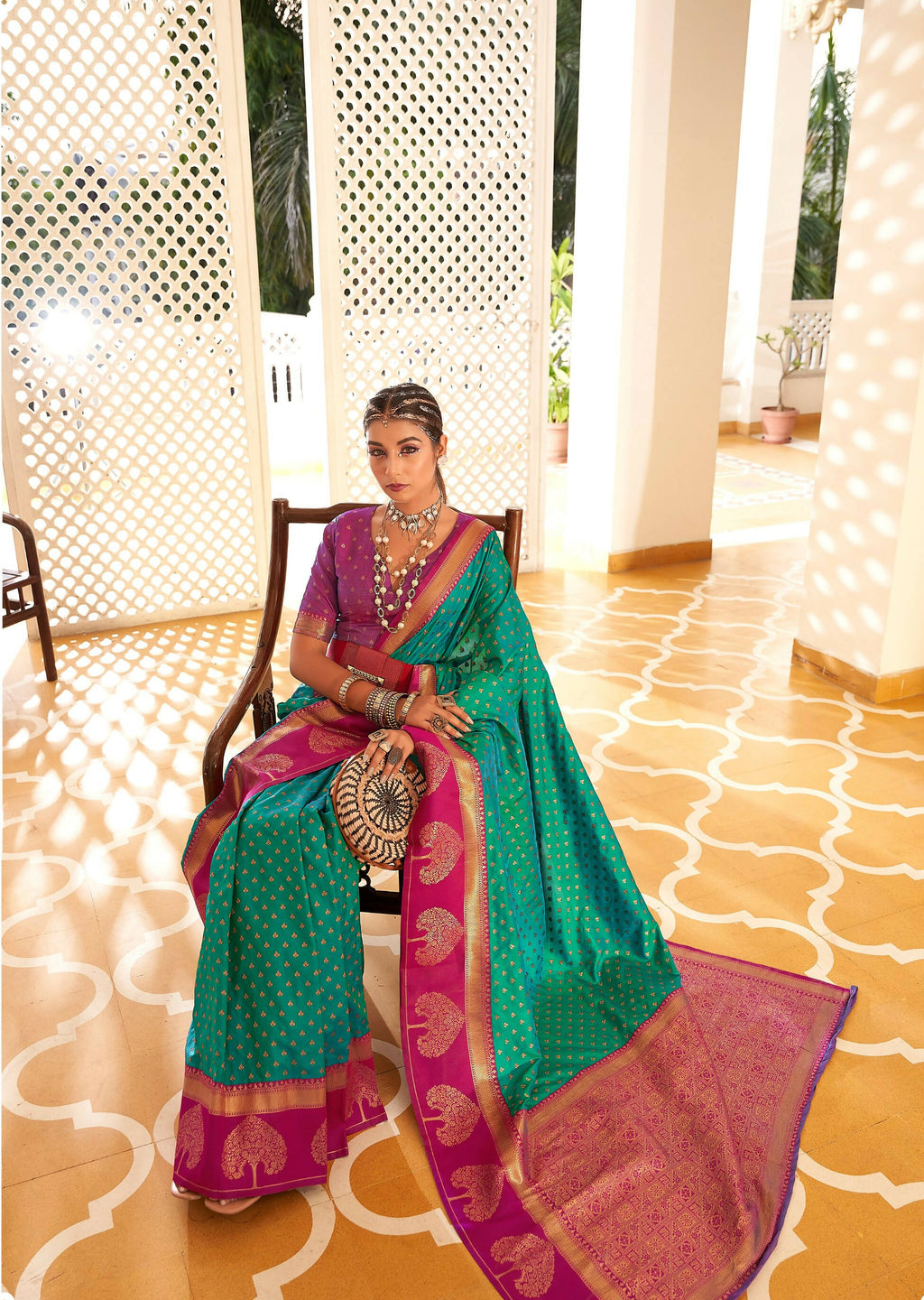 Sea Green Soft Banarasi Paithani Copper Zari Weaving Saree With Unstitched Blouse Piece - Jodha