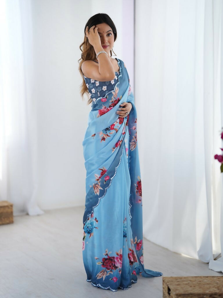 Blue Chinon Designer Digital Printed,Mirror Cut Work Saree - Elayna