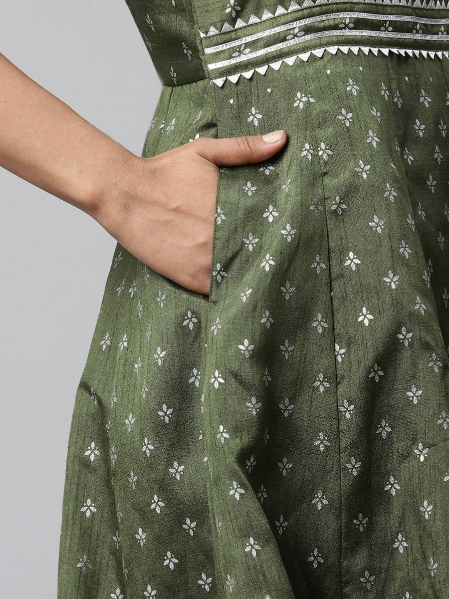 Ahalyaa Women Olive Poly Silk Silver Foil Printed Dress